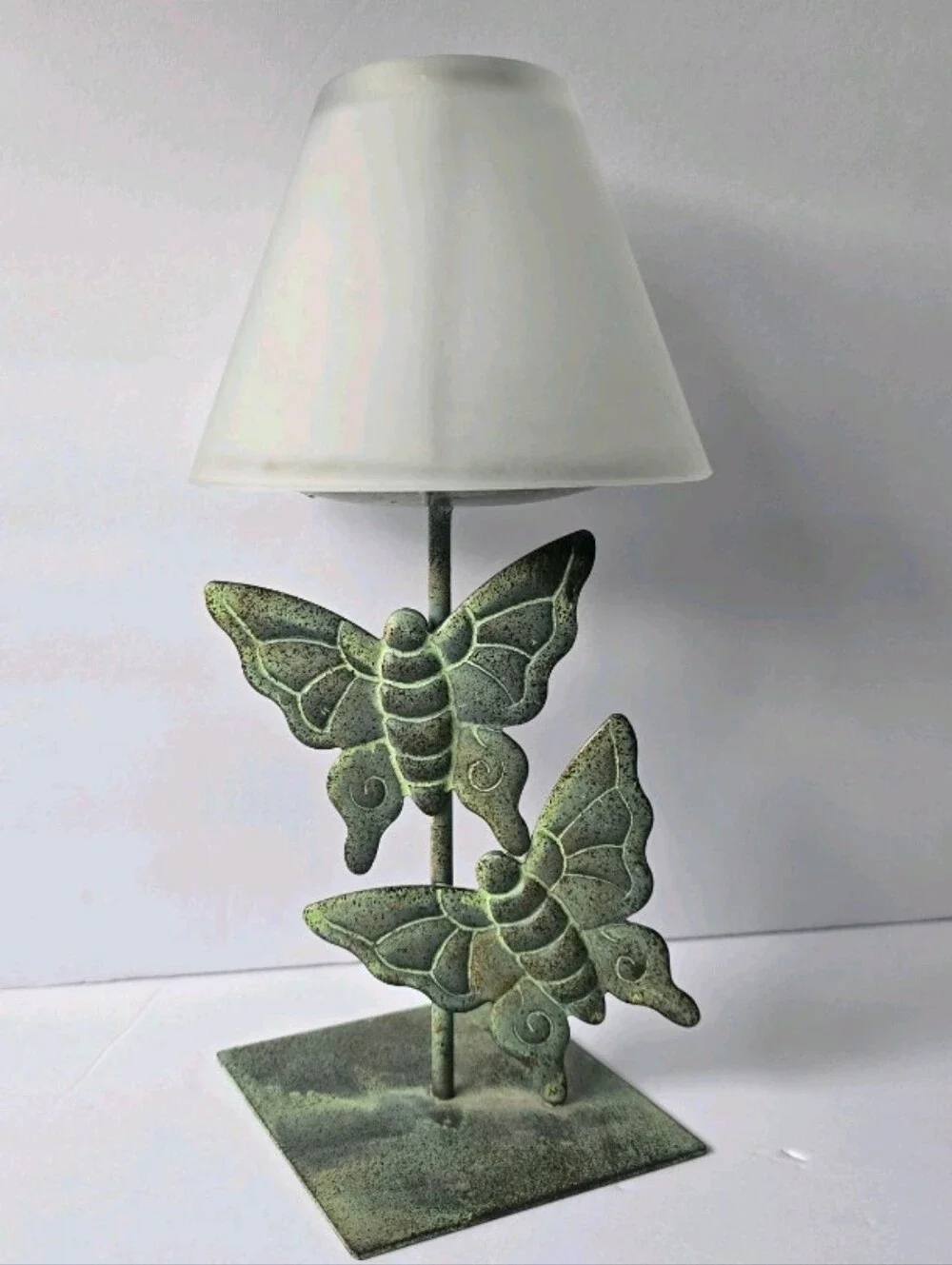 Butterfly Metal Tea Light Candle Lamp with Frosted Glass Shade Whimsy Vintage